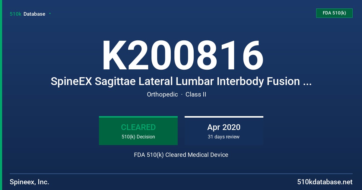 K200816 SpineEX Sagittae Lateral Lumbar Interbody Fusion Devices FDA 510(k) Cleared Medical Device