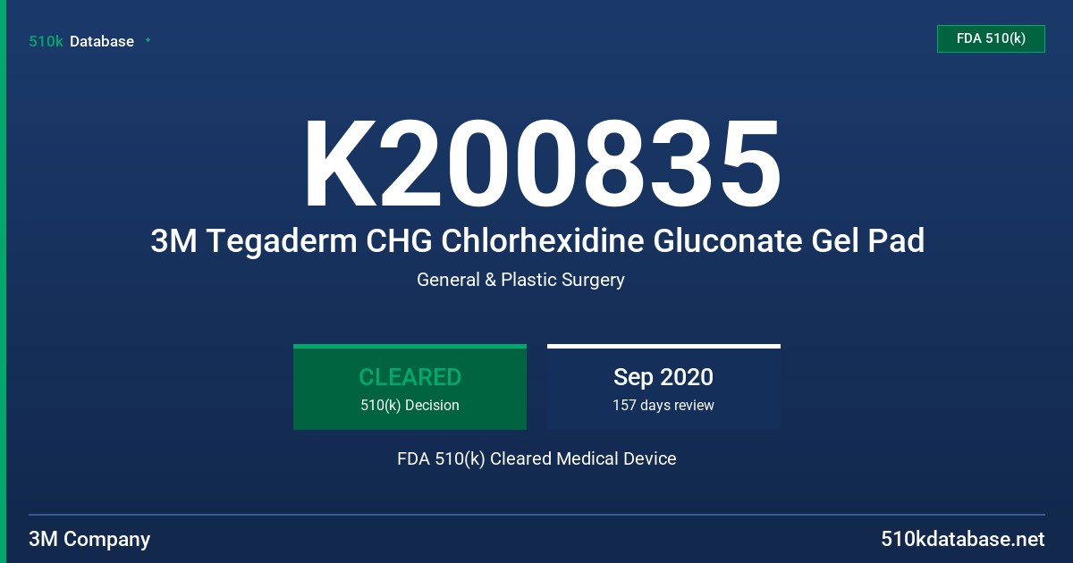 K200835 3M Tegaderm CHG Chlorhexidine Gluconate Gel Pad FDA 510(k) Cleared Medical Device
