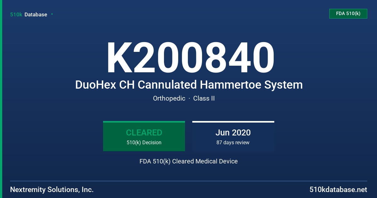 K200840 DuoHex CH Cannulated Hammertoe System FDA 510(k) Cleared Medical Device