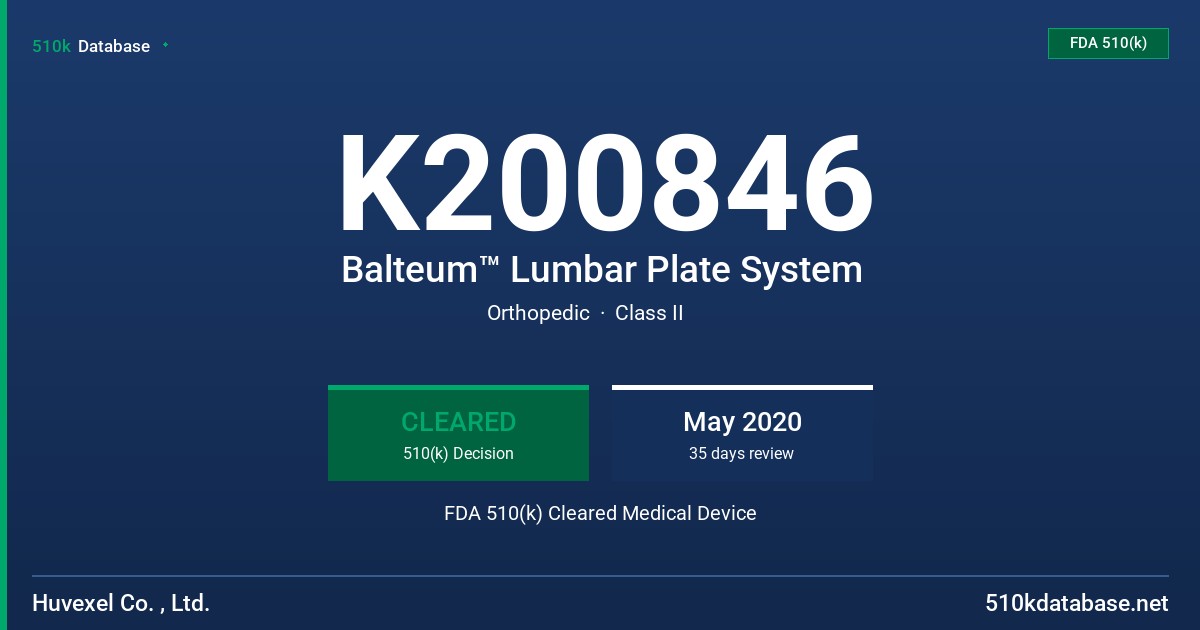K200846 Balteum™ Lumbar Plate System FDA 510(k) Cleared Medical Device