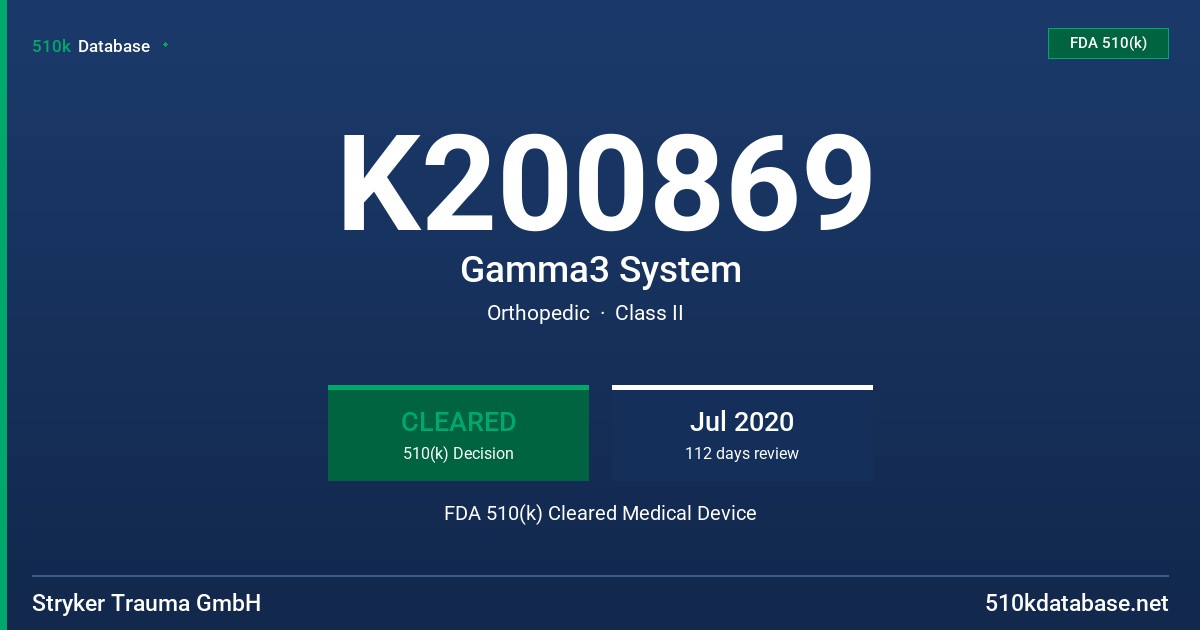 K200869 Gamma3 System FDA 510(k) Cleared Medical Device