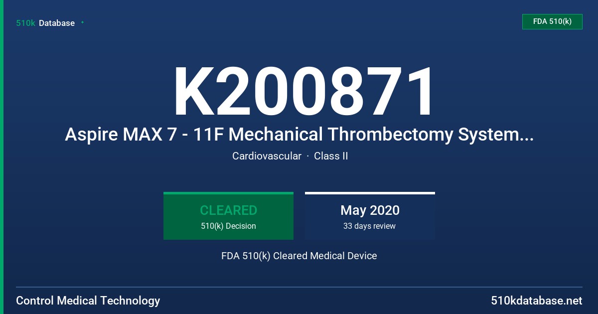 K200871 Aspire MAX 7 - 11F Mechanical Thrombectomy System and Aspire Mechanical Aspirator FDA 510(k) Cleared Medical Device