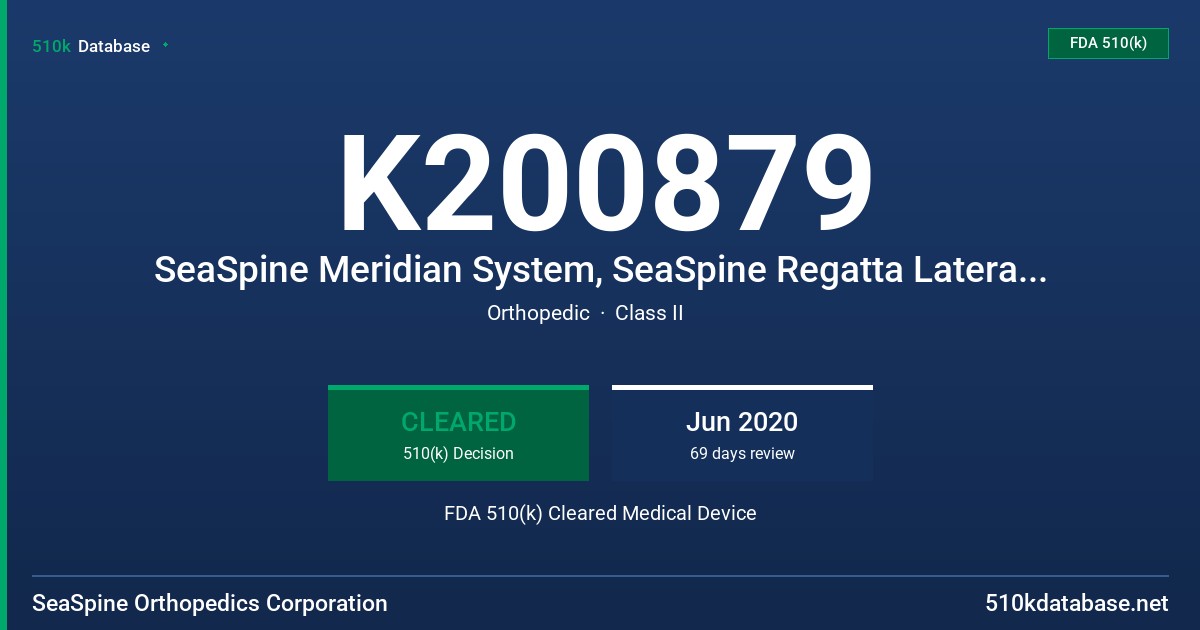 K200879 SeaSpine Meridian System, SeaSpine Regatta Lateral System FDA 510(k) Cleared Medical Device