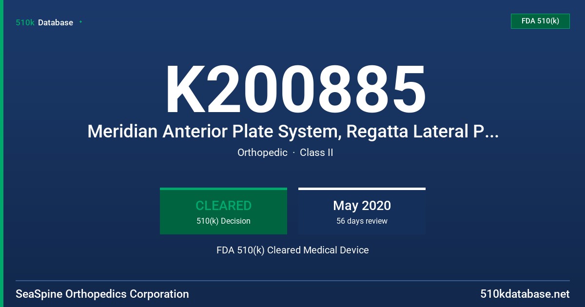 K200885 Meridian Anterior Plate System, Regatta Lateral Plate System FDA 510(k) Cleared Medical Device