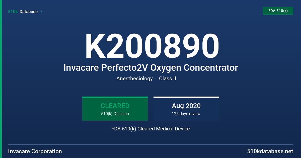 K200890 Invacare Perfecto2V Oxygen Concentrator FDA 510(k) Cleared Medical Device