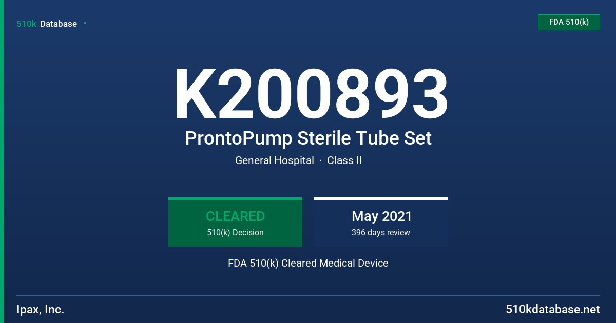K200893 ProntoPump Sterile Tube Set FDA 510(k) Cleared Medical Device