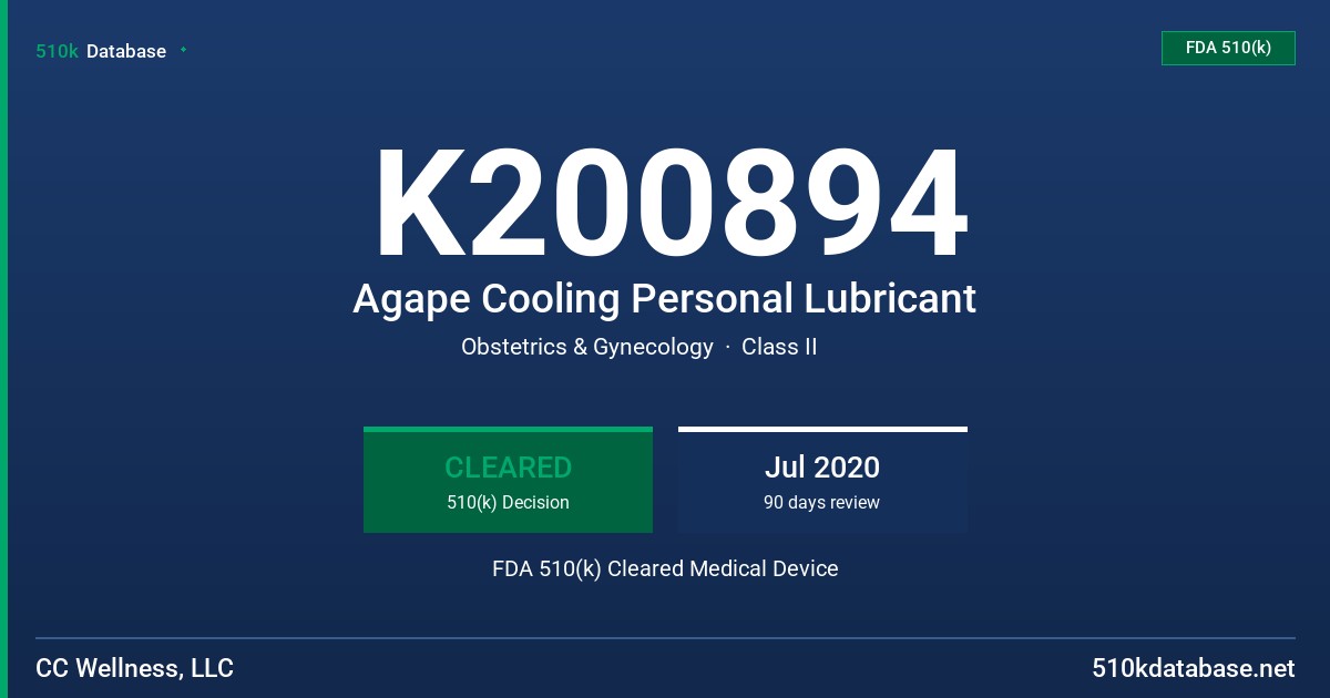K200894 Agape Cooling Personal Lubricant FDA 510(k) Cleared Medical Device