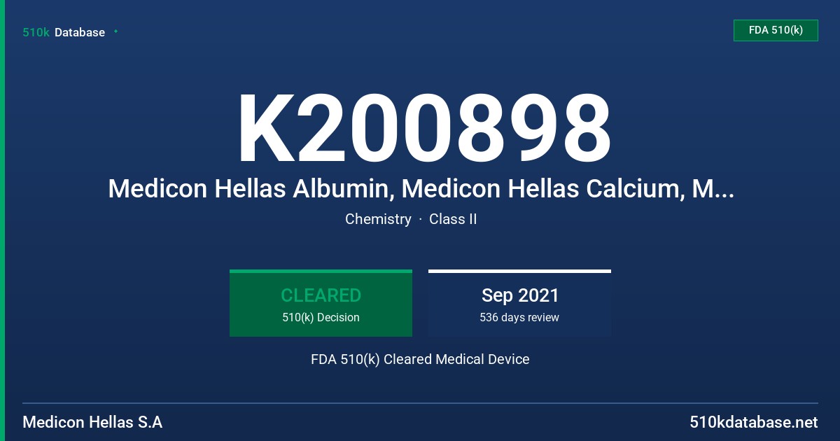 K200898 Medicon Hellas Albumin, Medicon Hellas Calcium, Medicon Hellas Creatinine, Medicon Hellas Urea Nitrogen, Medicon Hellas Glucose, Medicon Hellas Total Bilirubin, Medicon Hellas Direct Bilirubin FDA 510(k) Cleared Medical Device