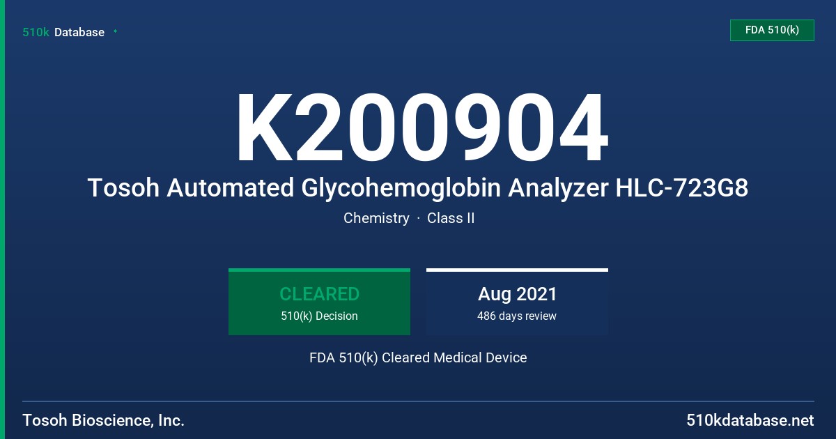 K200904 Tosoh Automated Glycohemoglobin Analyzer HLC-723G8 FDA 510(k) Cleared Medical Device