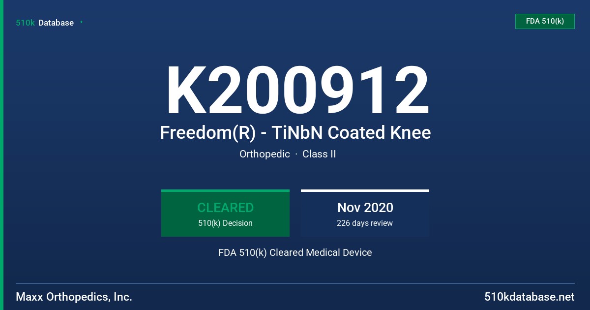 K200912 Freedom(R) - TiNbN Coated Knee FDA 510(k) Cleared Medical Device