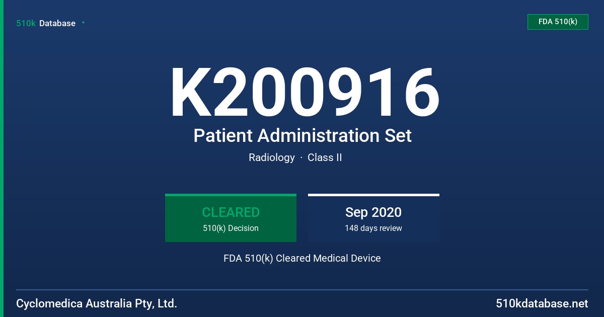 K200916 Patient Administration Set FDA 510(k) Cleared Medical Device
