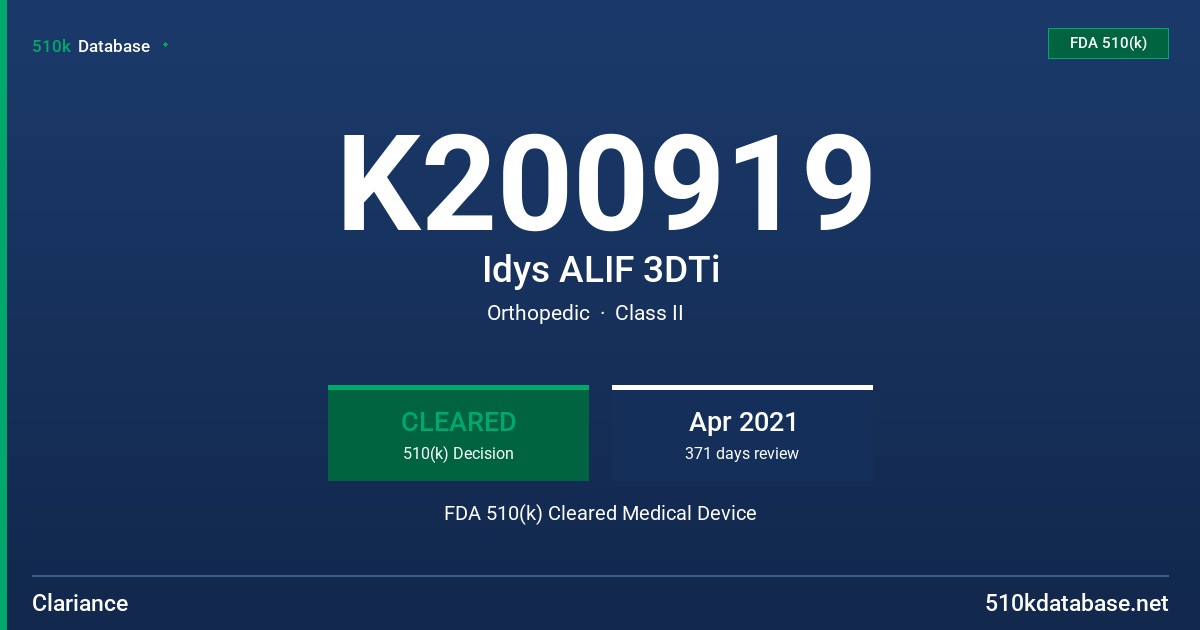 K200919 Idys ALIF 3DTi FDA 510(k) Cleared Medical Device