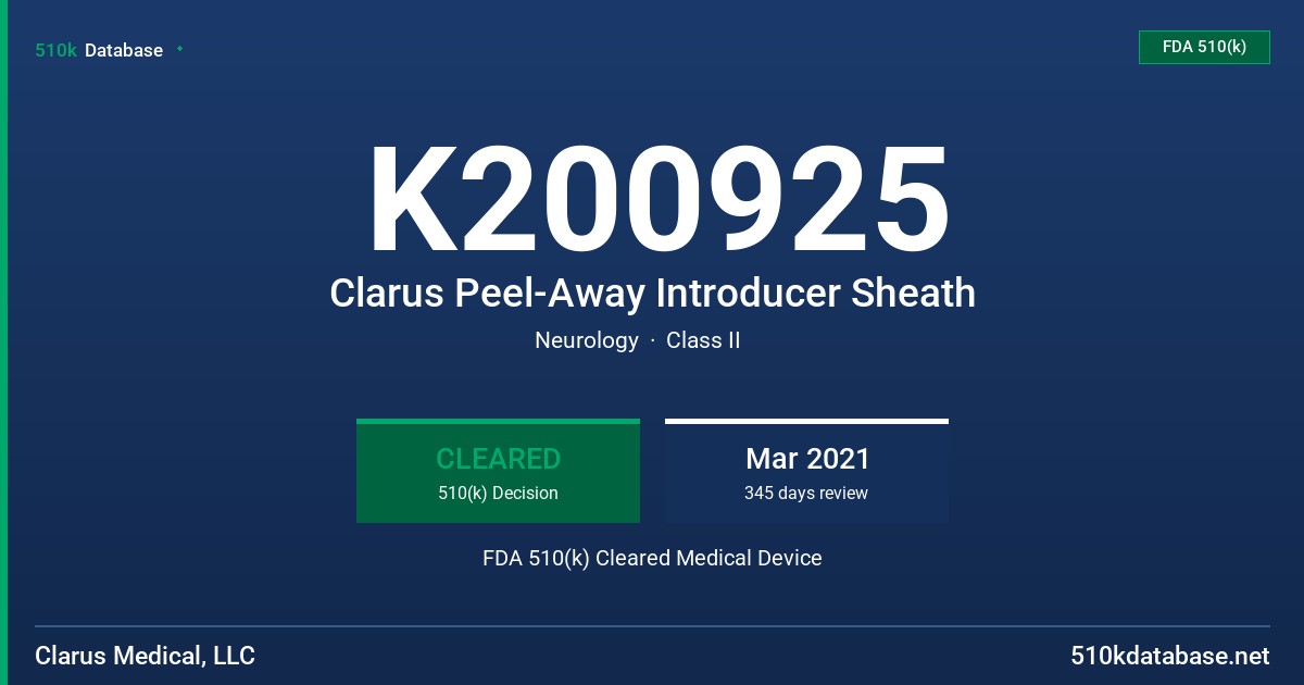 K200925 Clarus Peel-Away Introducer Sheath FDA 510(k) Cleared Medical Device
