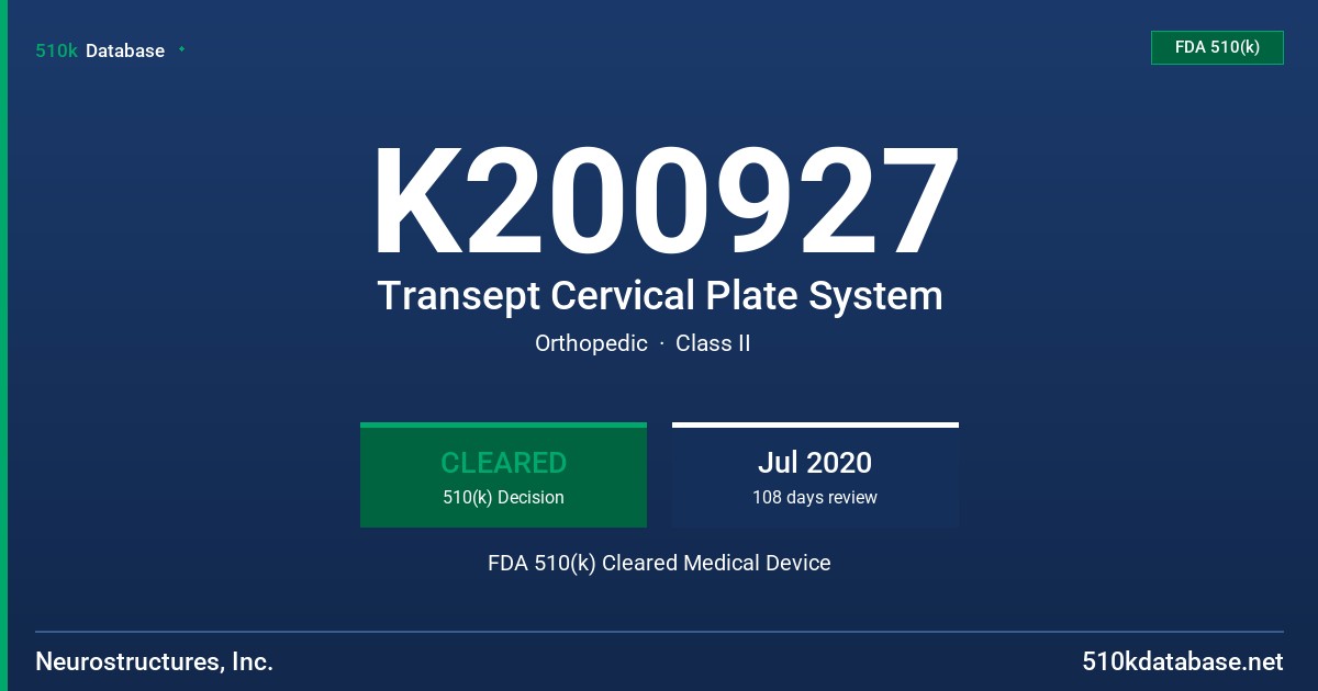 K200927 Transept Cervical Plate System FDA 510(k) Cleared Medical Device