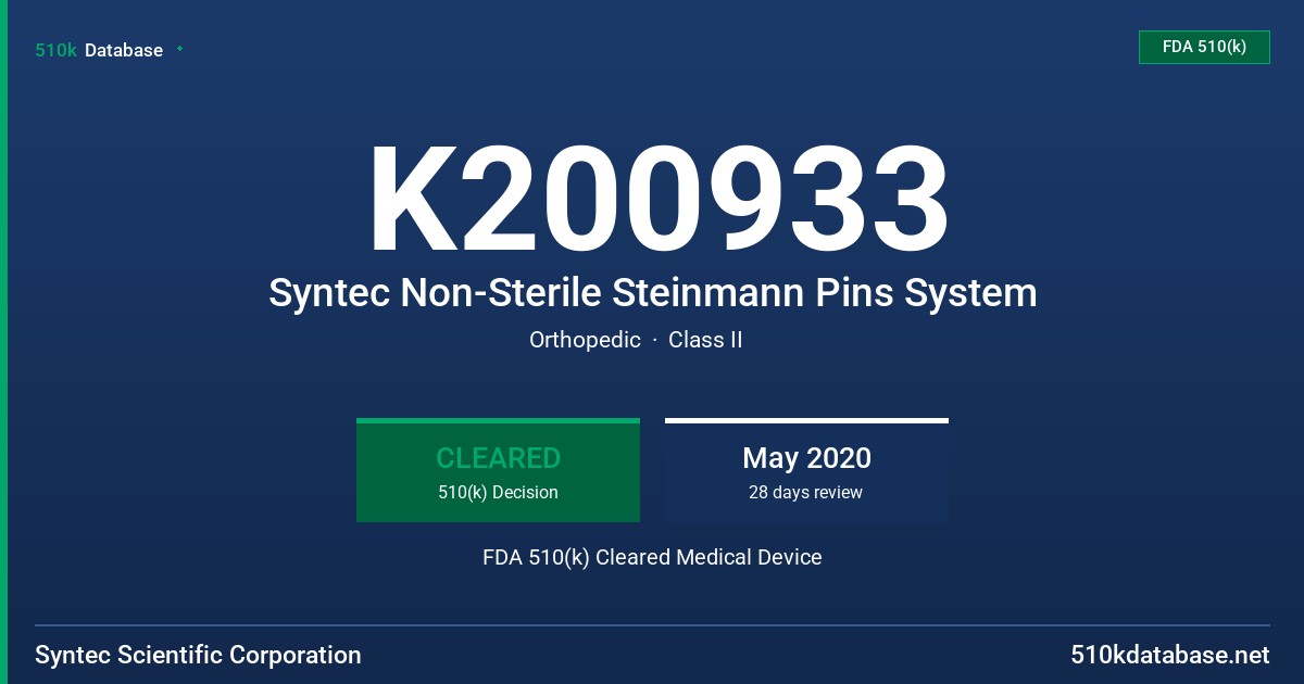 K200933 Syntec Non-Sterile Steinmann Pins System FDA 510(k) Cleared Medical Device