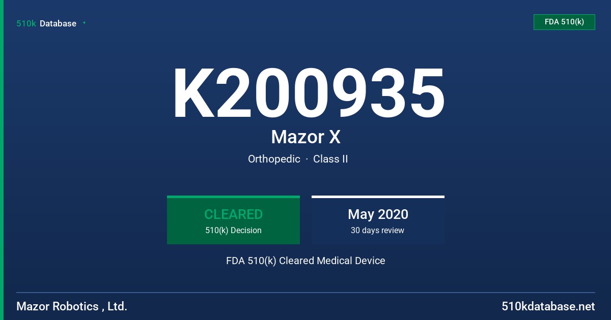 K200935 Mazor X FDA 510(k) Cleared Medical Device