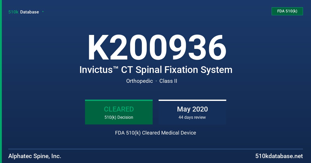 K200936 Invictus™ CT Spinal Fixation System FDA 510(k) Cleared Medical Device