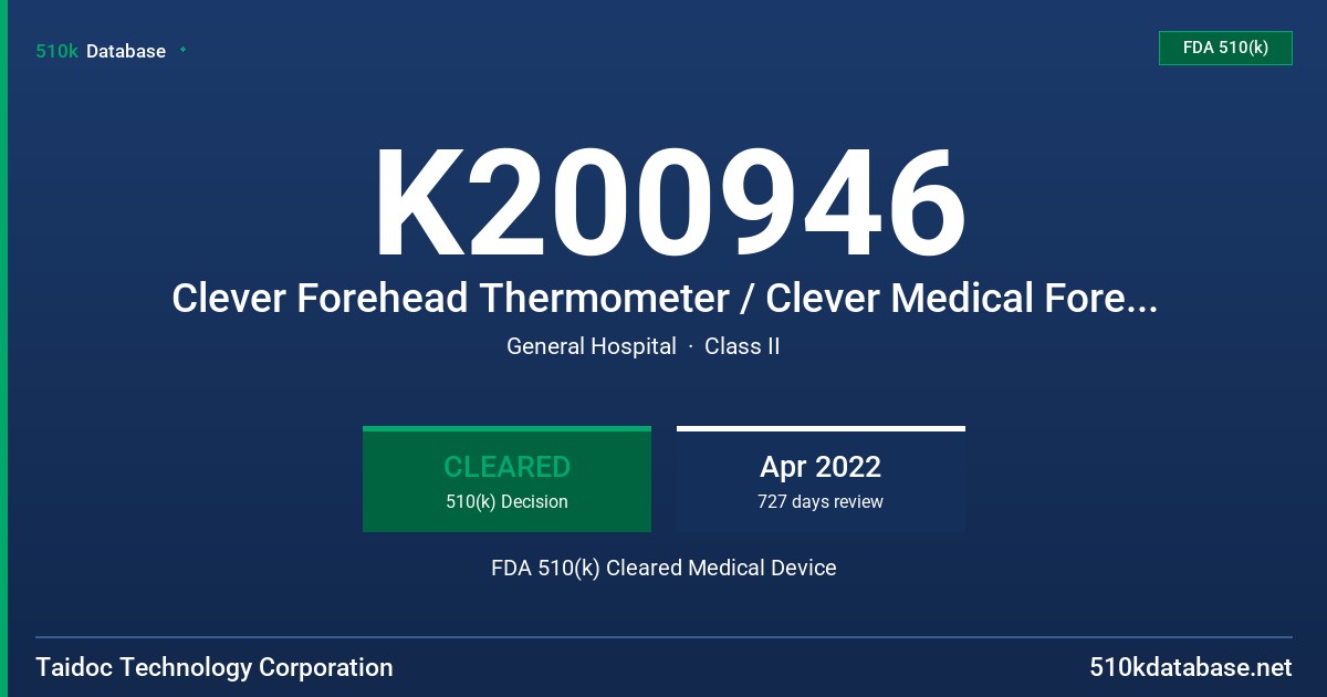 K200946 Clever Forehead Thermometer / Clever Medical Forehead Thermometer (Model TD-1241) FDA 510(k) Cleared Medical Device