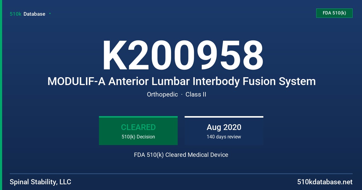 K200958 MODULIF-A Anterior Lumbar Interbody Fusion System FDA 510(k) Cleared Medical Device