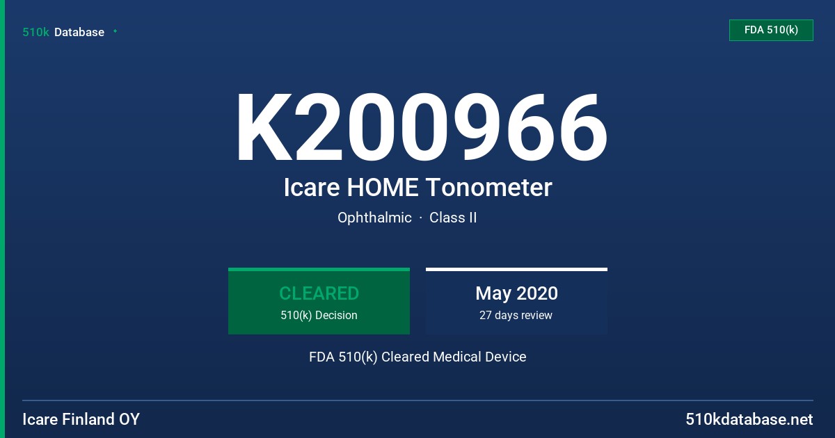 K200966 Icare HOME Tonometer FDA 510(k) Cleared Medical Device