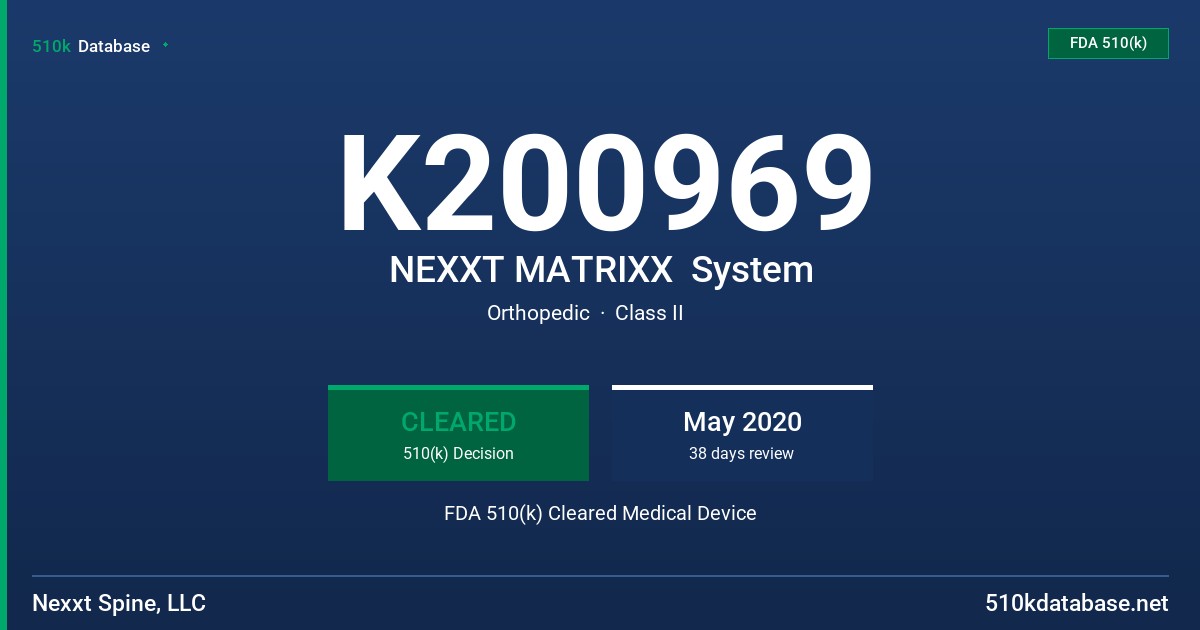 K200969 NEXXT MATRIXX  System FDA 510(k) Cleared Medical Device