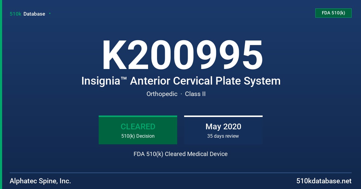 K200995 Insignia™ Anterior Cervical Plate System FDA 510(k) Cleared Medical Device