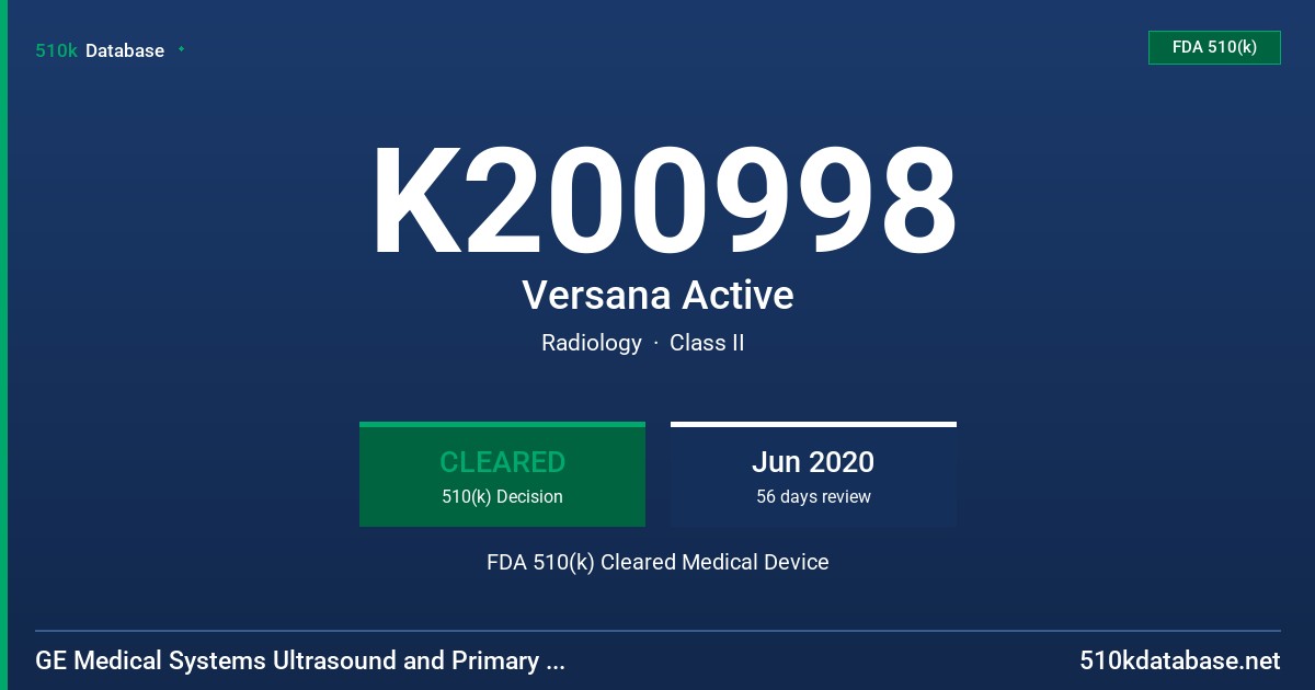 K200998 Versana Active FDA 510(k) Cleared Medical Device