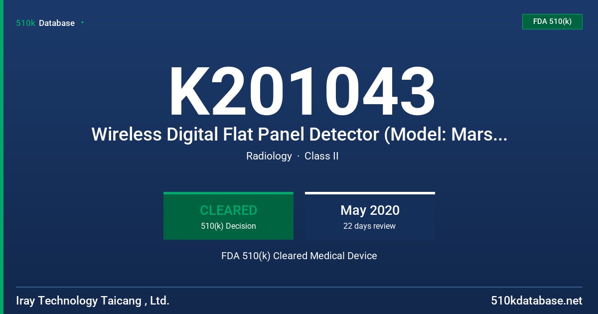 K201043 Wireless Digital Flat Panel Detector (Model: Mars1717V-VSI, Mano4343W) FDA 510(k) Cleared Medical Device