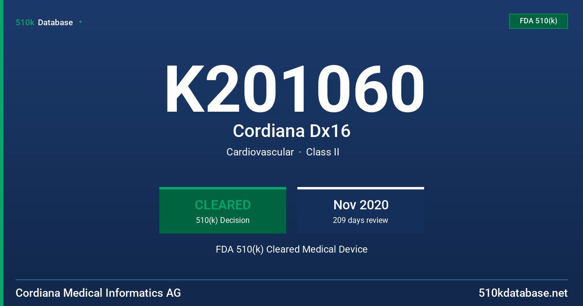 K201060 Cordiana Dx16 FDA 510(k) Cleared Medical Device