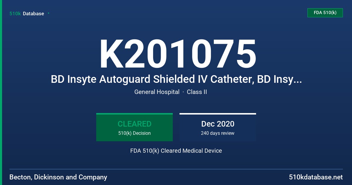 K201075 BD Insyte Autoguard Shielded IV Catheter, BD Insyte Autoguard BC Shielded IV Catheter, BD Insyte Autoguard BC Pro Shielded IV Catheter FDA 510(k) Cleared Medical Device
