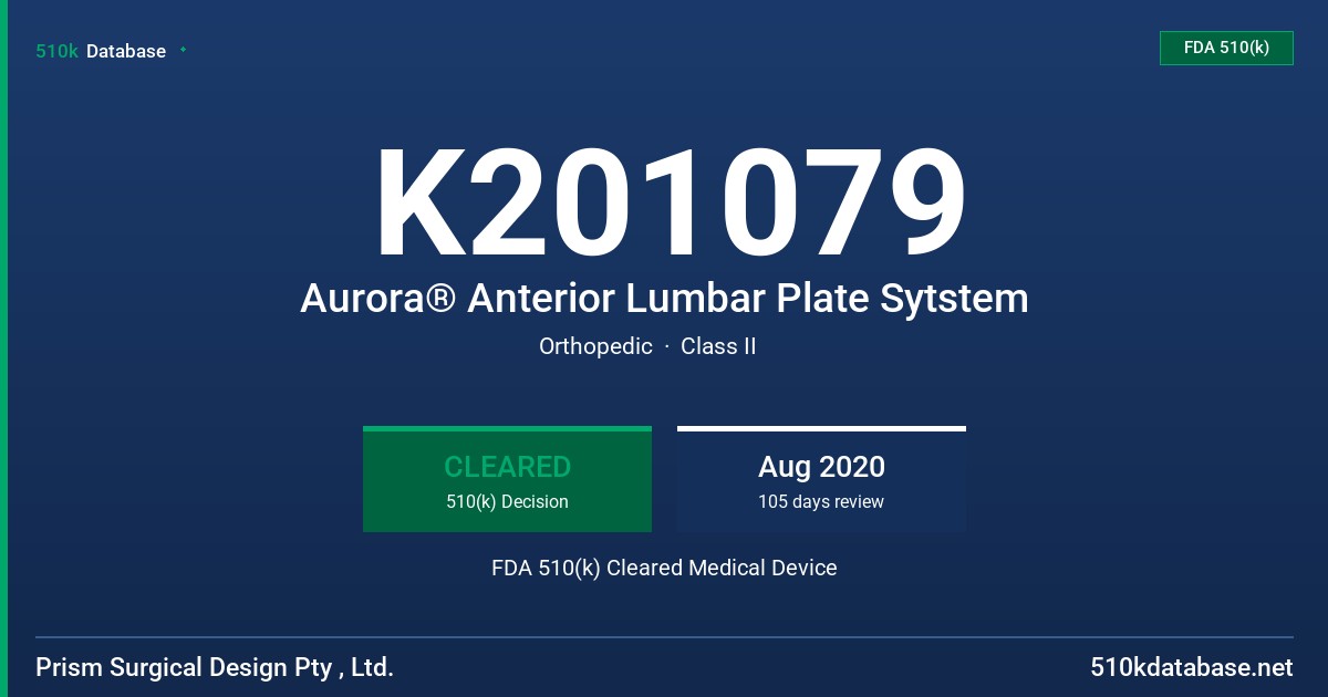 K201079 Aurora® Anterior Lumbar Plate Sytstem FDA 510(k) Cleared Medical Device