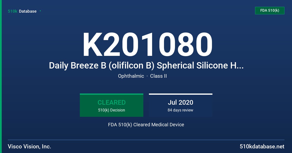 K201080 Daily Breeze B (olifilcon B) Spherical Silicone Hydrogel Soft Contact Lens, Daily Breeze B (olifilcon B) Toric Silicone Hydrogel Soft Contact Lens, Daily Breeze B (olifilcon B) Multifocal Silicone Hydrogel Soft Contact Lens FDA 510(k) Cleared Medical Device
