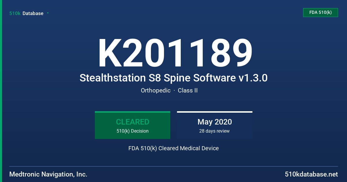 K201189 Stealthstation S8 Spine Software v1.3.0 FDA 510(k) Cleared Medical Device