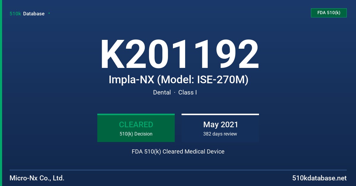 K201192 Impla-NX (Model: ISE-270M) FDA 510(k) Cleared Medical Device