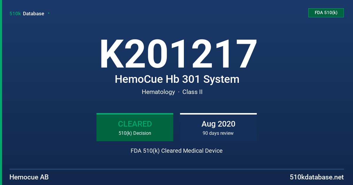K201217 HemoCue Hb 301 System FDA 510(k) Cleared Medical Device