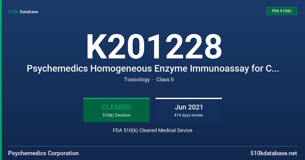 K201228 Psychemedics Homogeneous Enzyme Immunoassay for Cocaine in Hair FDA 510(k) Cleared Medical Device