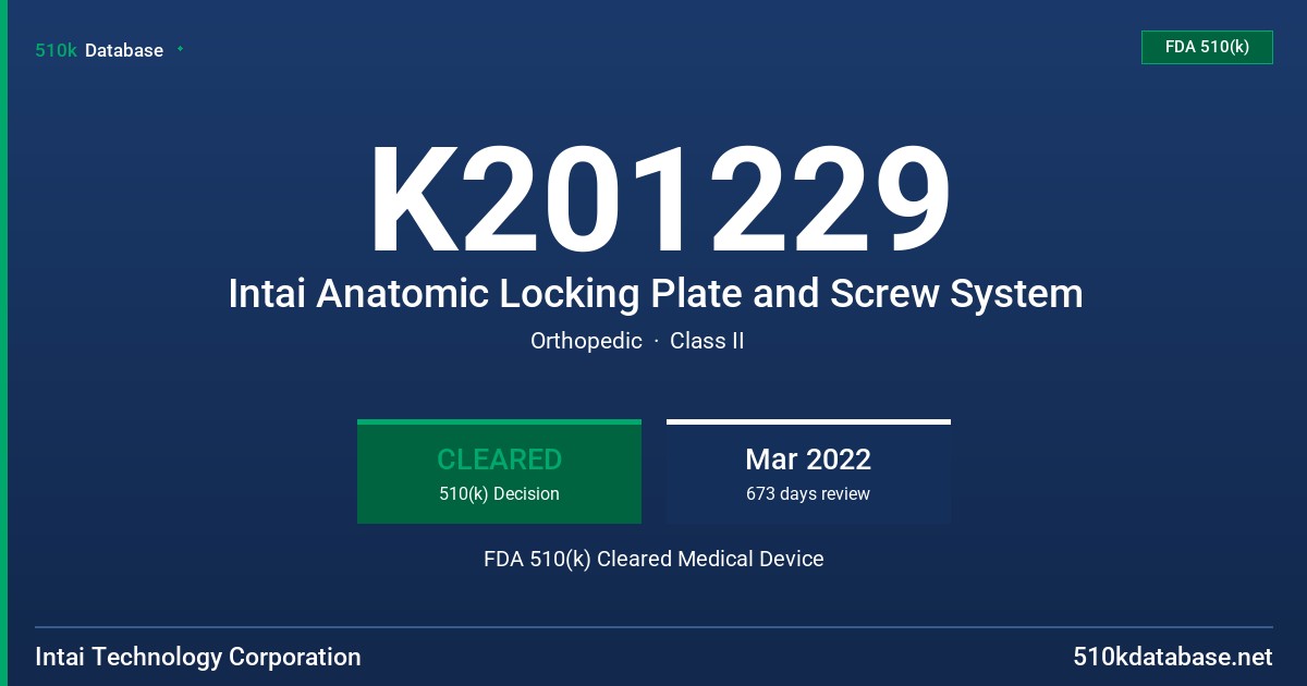 K201229 Intai Anatomic Locking Plate and Screw System FDA 510(k) Cleared Medical Device