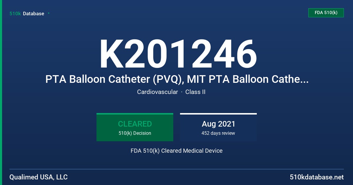 K201246 PTA Balloon Catheter (PVQ), MIT PTA Balloon Catheter (PVQ) FDA 510(k) Cleared Medical Device