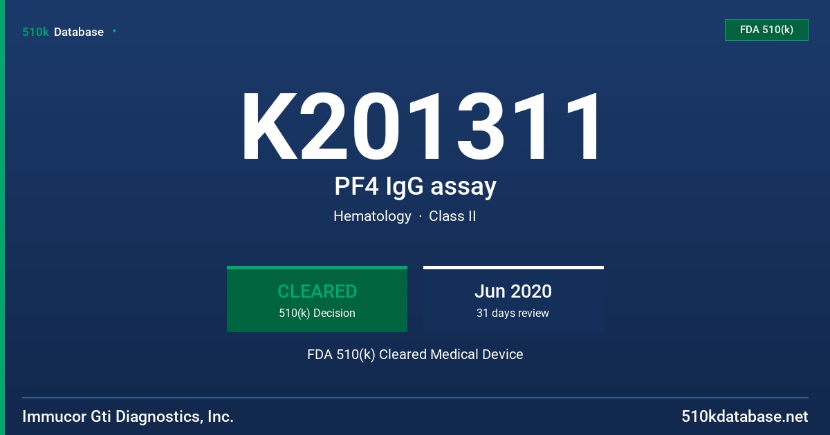 K201311 PF4 IgG assay FDA 510(k) Cleared Medical Device