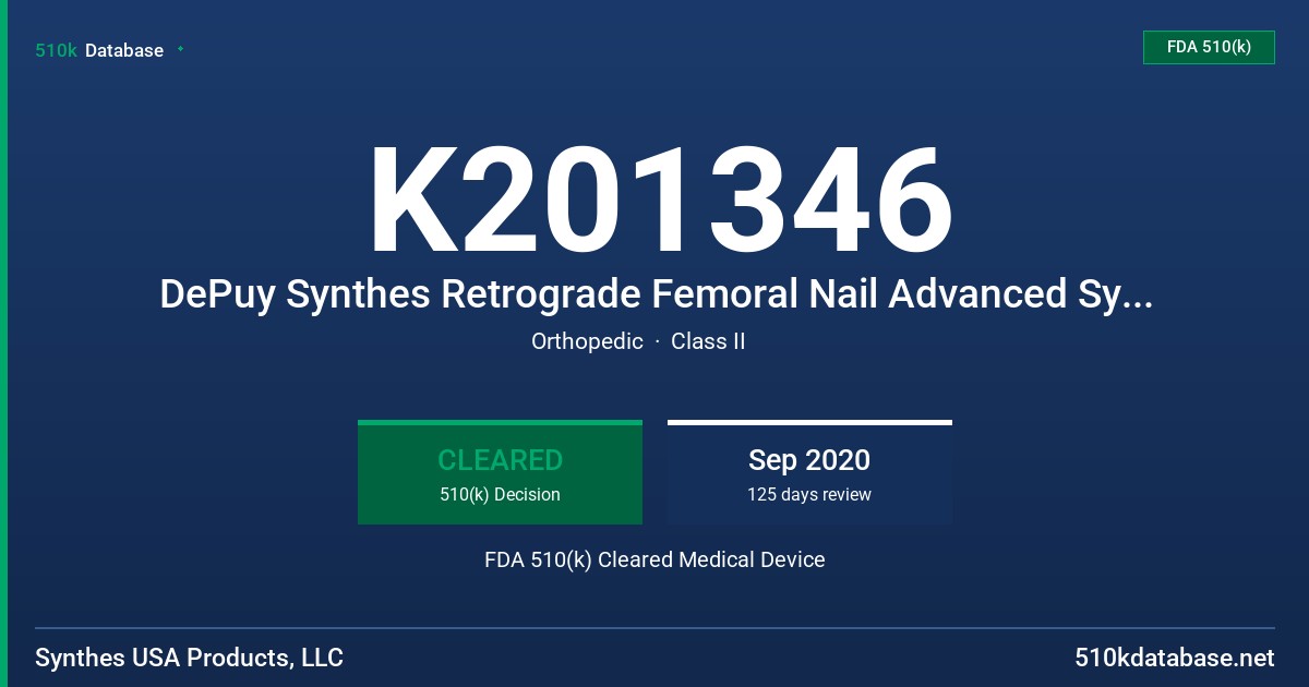 K201346 DePuy Synthes Retrograde Femoral Nail Advanced System, DePuy Synthes Locking Screws for Medullary Nails, 5.0 mm FDA 510(k) Cleared Medical Device