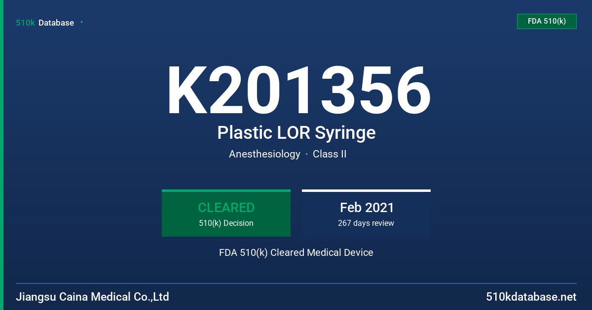 K201356 Plastic LOR Syringe FDA 510(k) Cleared Medical Device