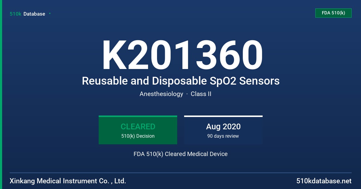 K201360 Reusable and Disposable SpO2 Sensors FDA 510(k) Cleared Medical Device