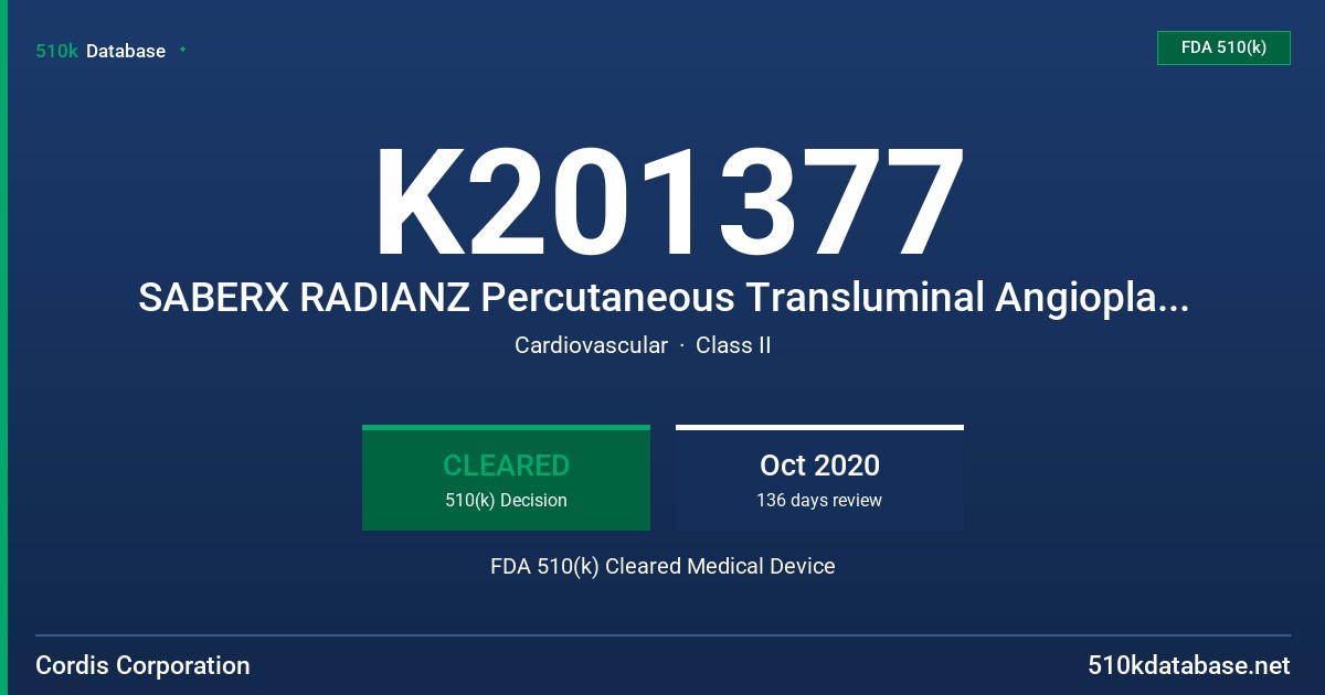 K201377 SABERX RADIANZ Percutaneous Transluminal Angioplasty Dilatation Catheter FDA 510(k) Cleared Medical Device