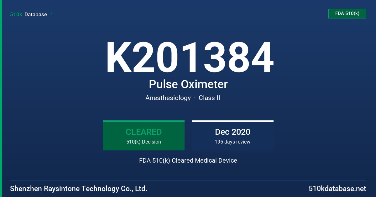 K201384 Pulse Oximeter FDA 510(k) Cleared Medical Device