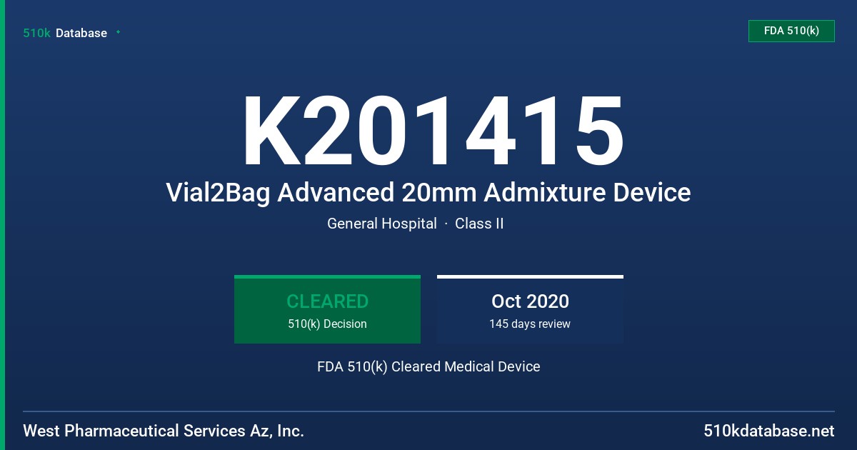 K201415 Vial2Bag Advanced 20mm Admixture Device FDA 510(k) Cleared Medical Device