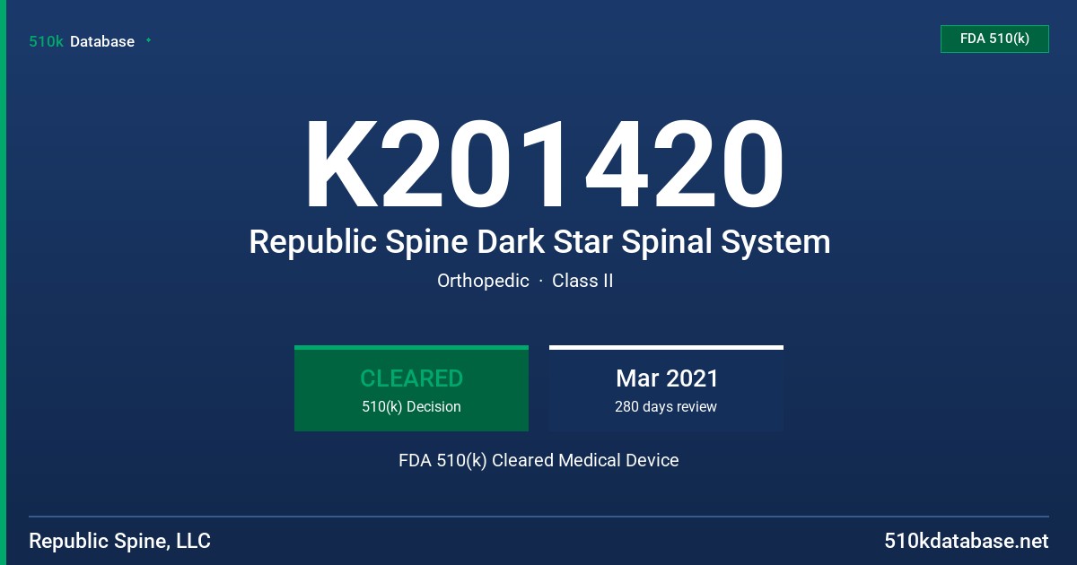 K201420 Republic Spine Dark Star Spinal System FDA 510(k) Cleared Medical Device