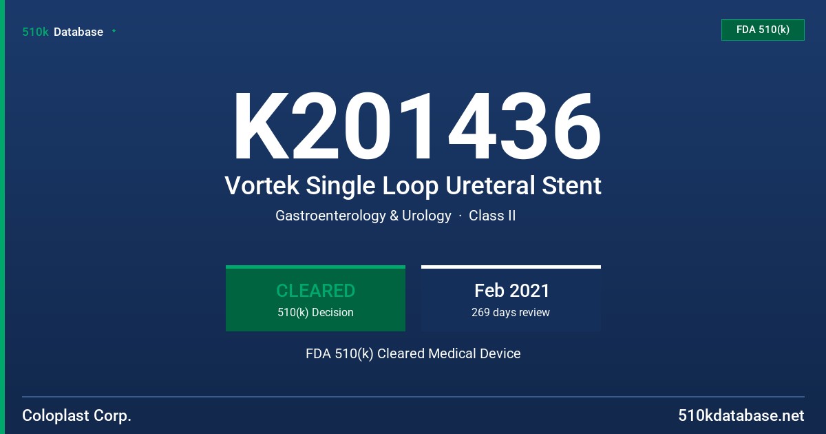 K201436 Vortek Single Loop Ureteral Stent FDA 510(k) Cleared Medical Device