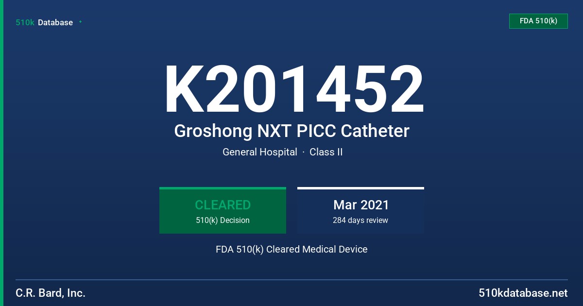K201452 Groshong NXT PICC Catheter FDA 510(k) Cleared Medical Device