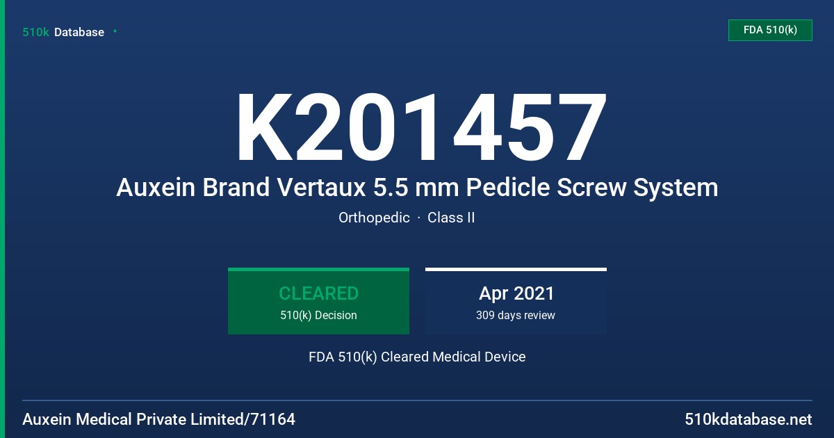 K201457 Auxein Brand Vertaux 5.5 mm Pedicle Screw System FDA 510(k) Cleared Medical Device