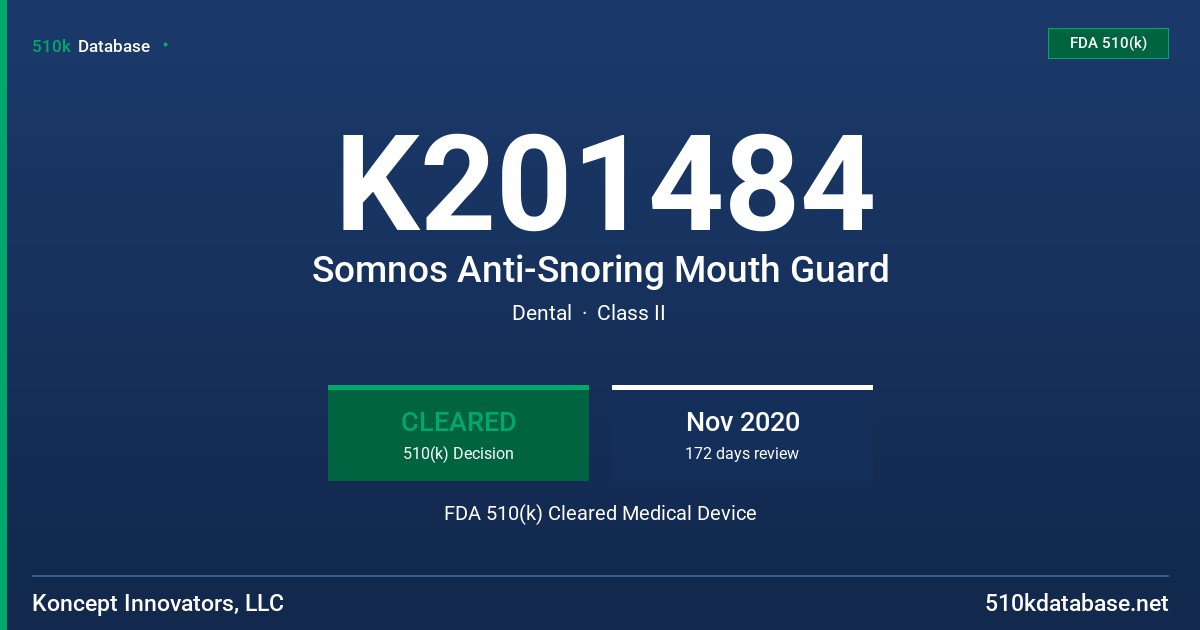 K201484 Somnos Anti-Snoring Mouth Guard FDA 510(k) Cleared Medical Device